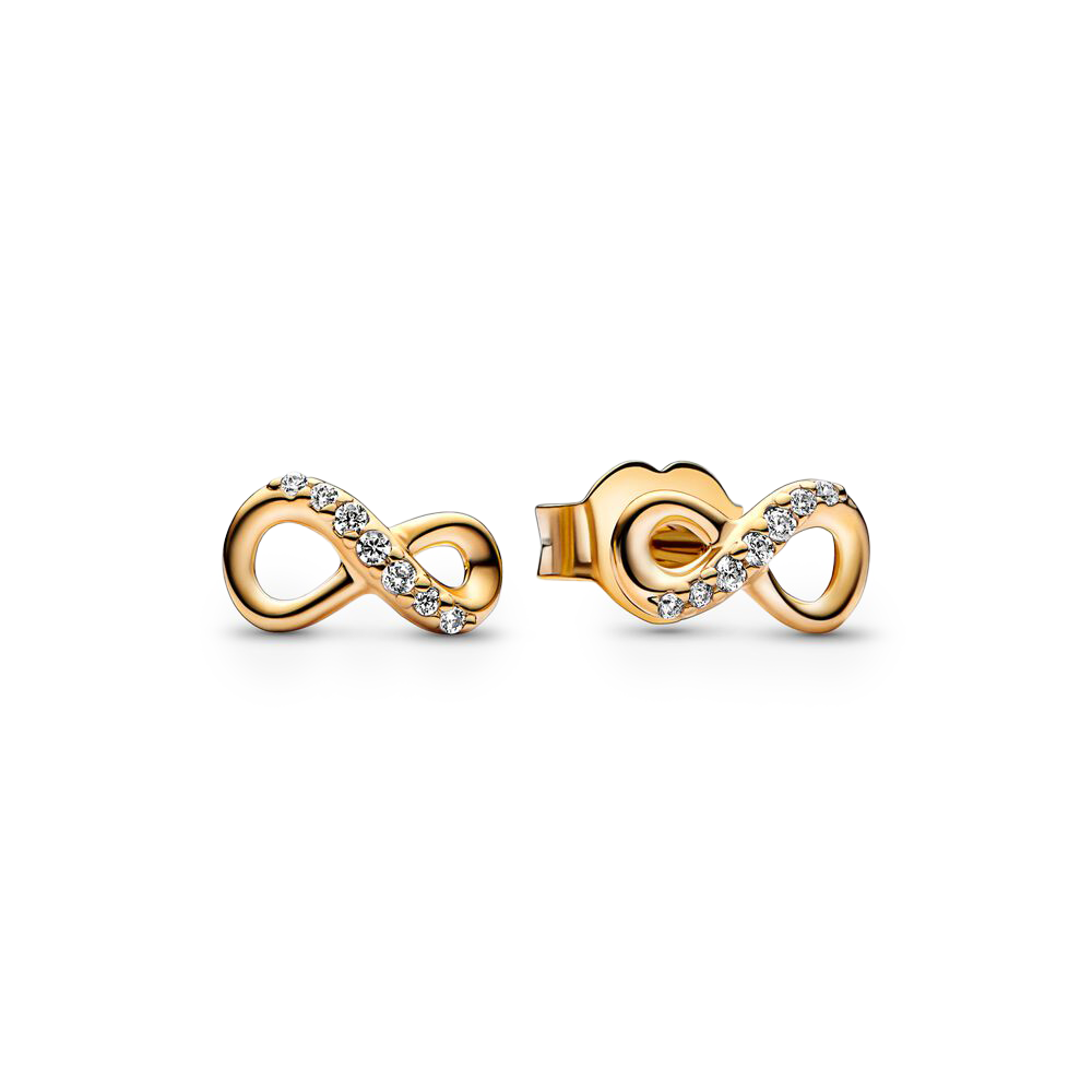 Infinity 14k gold-plated stud earrings with clear 