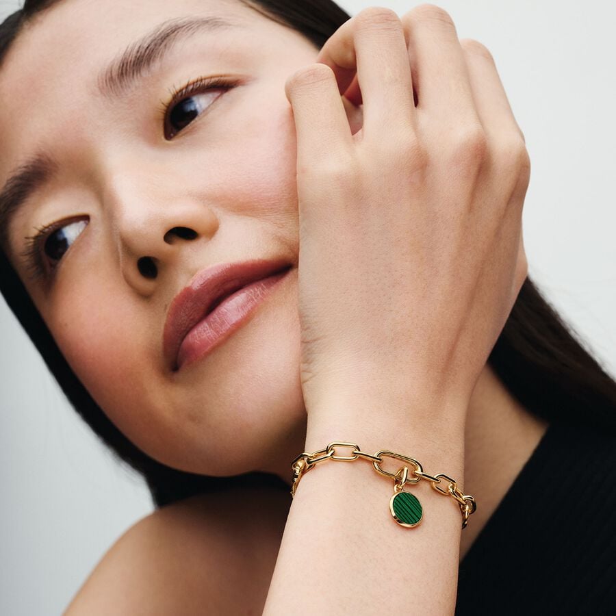 Engravable round 14k gold-plated mini medallion with man-made imitation of malachite