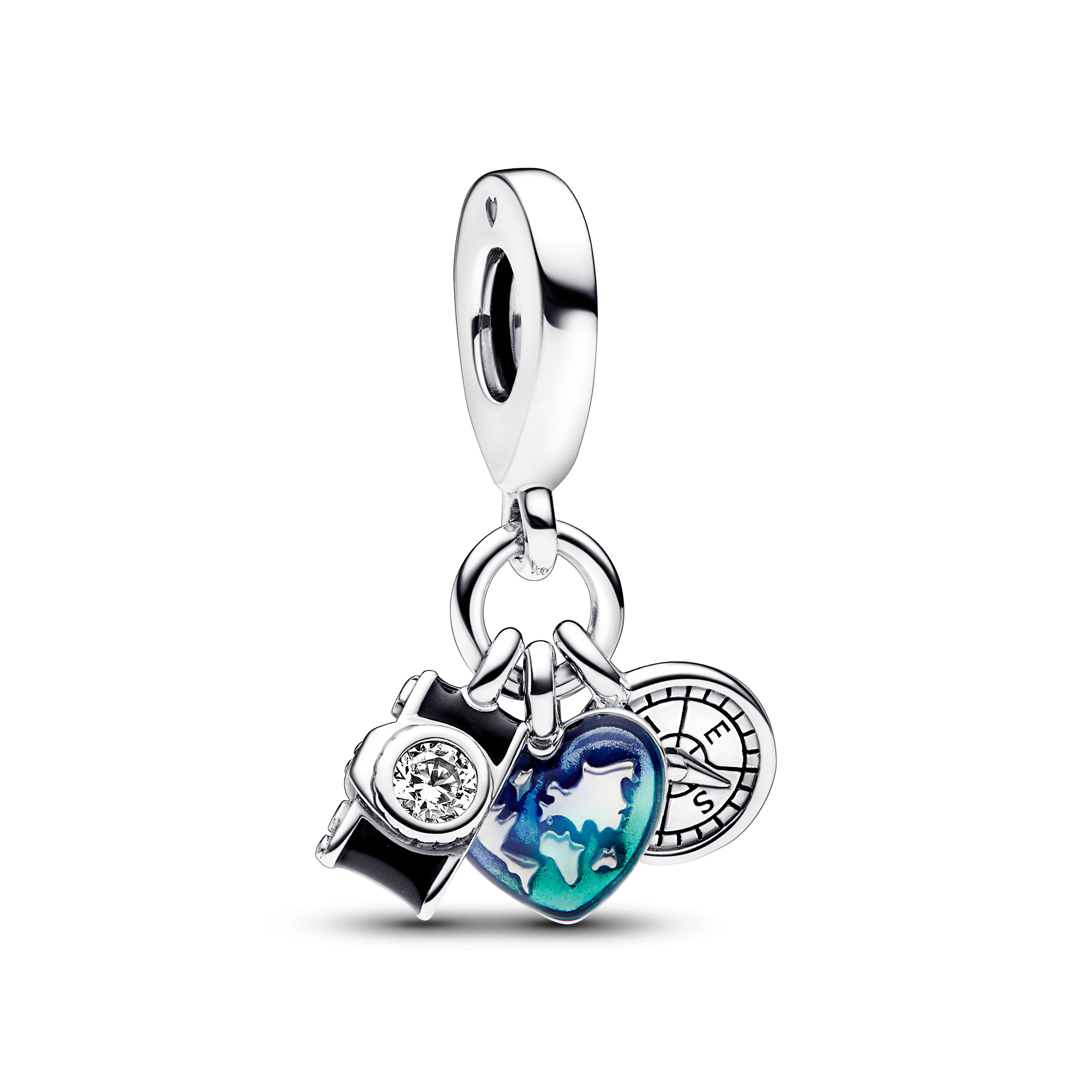 Camera, heart and compass sterling silver triple d