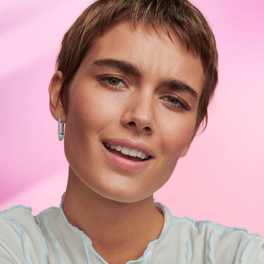 Sterling silver elongated hoop link earring with c