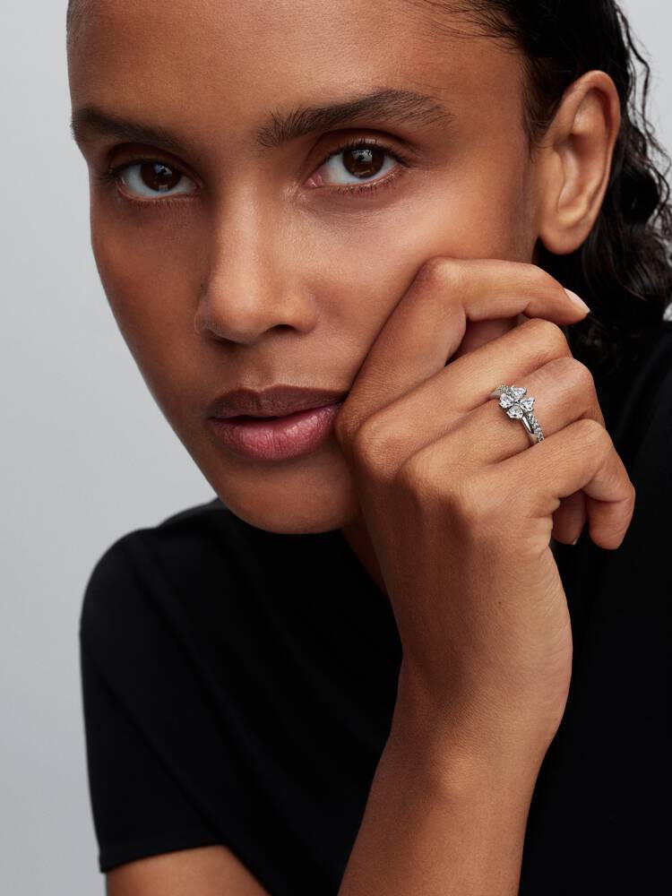 Clover sterling silver splittable ring with clear cubic zirconia