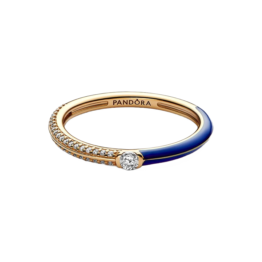 14k gold-plated ring with blue enamel and clear cubic zirconia