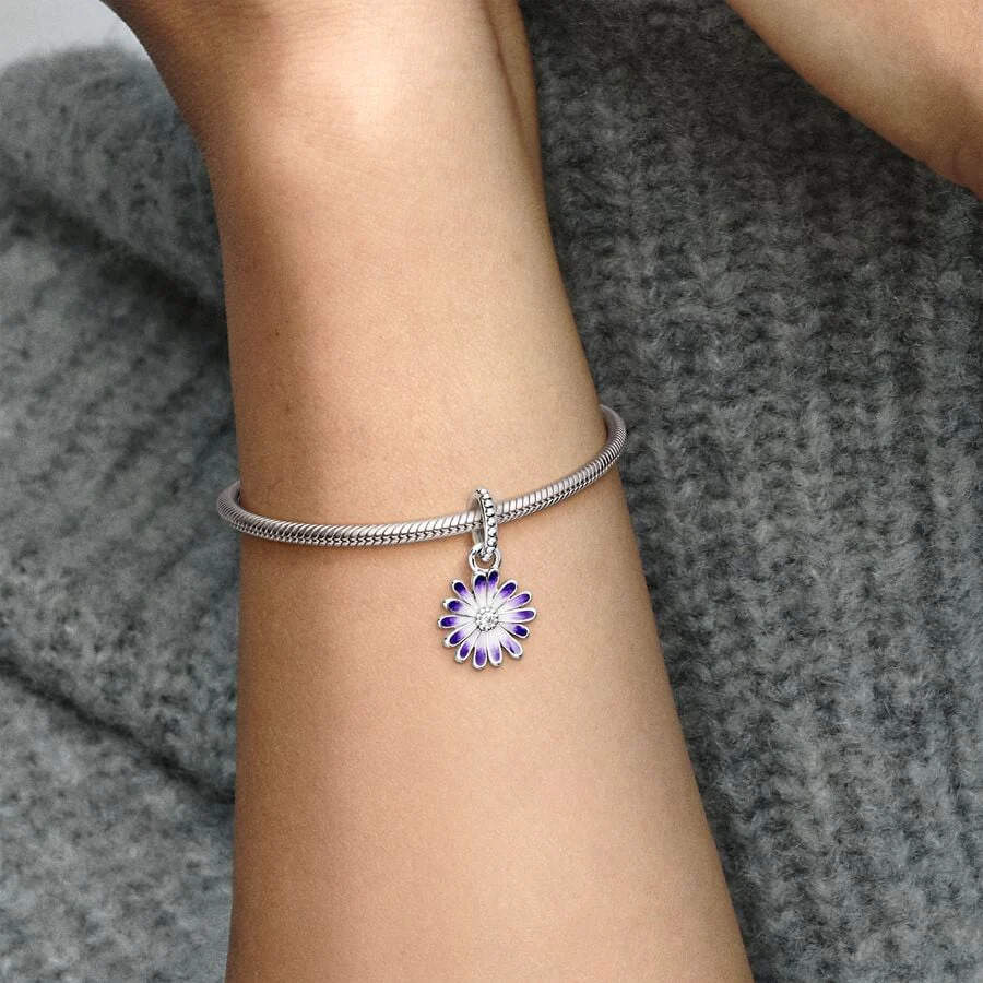 Daisy sterling silver dangle with clear cubic zirconia and shaded purple enamel