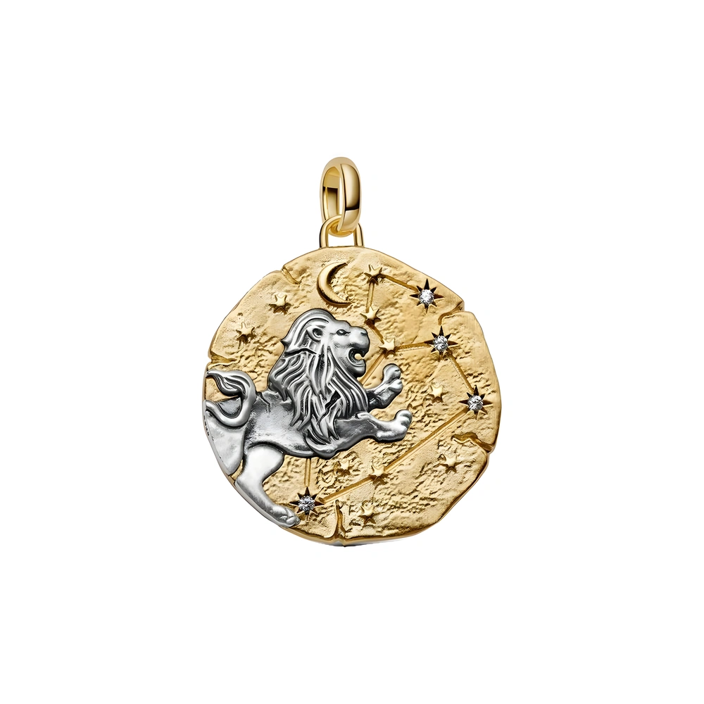 XL Leo sterling silver and 14k gold-plated medallion with clear cubic zirconia