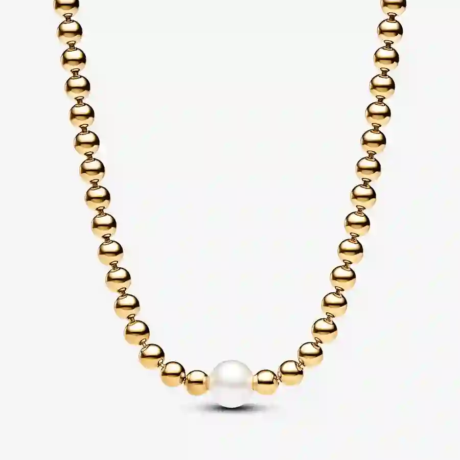 14k Gold-plated collier with white treated freshwater cultured pearl and cubic zirconia
