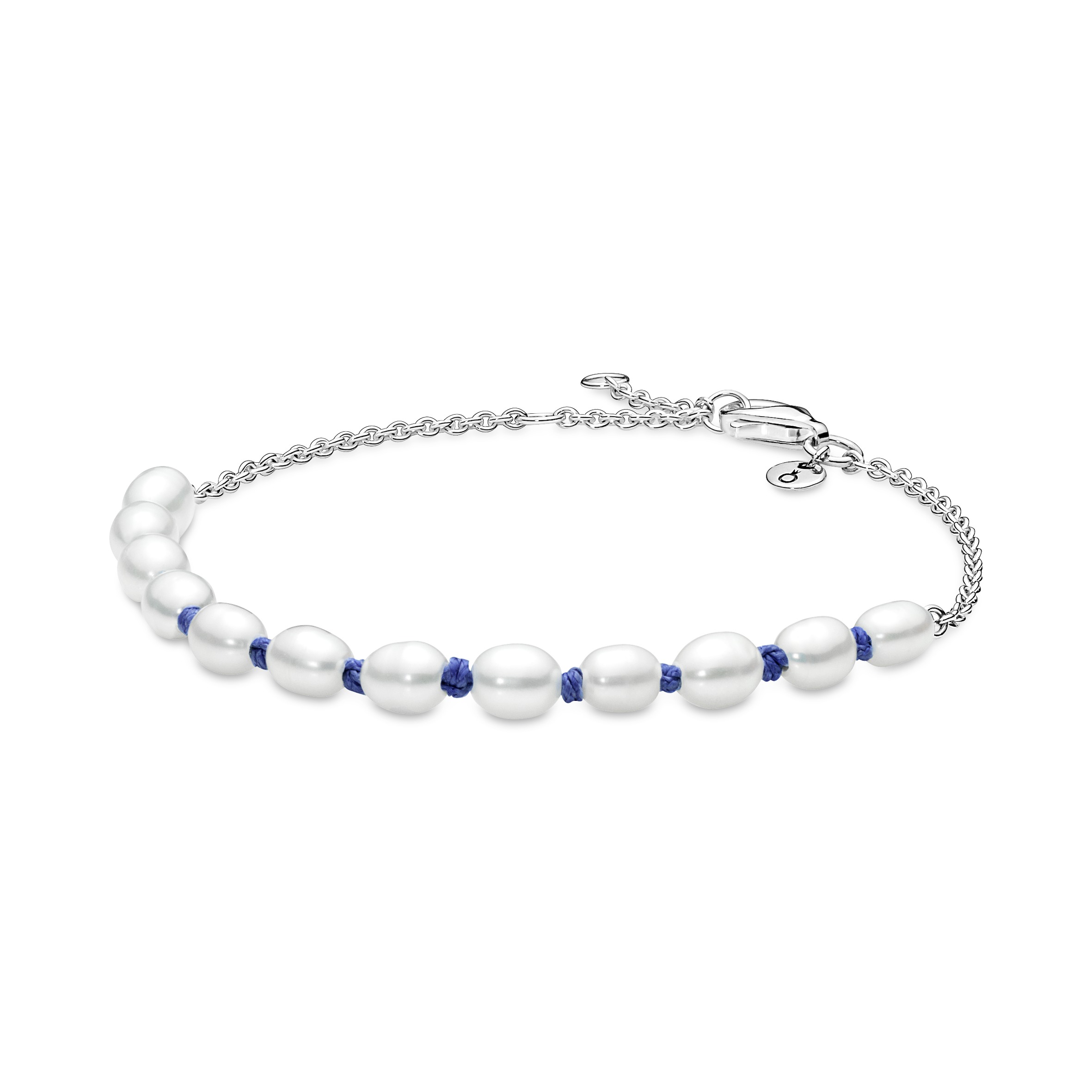 Sterling silver bracelet with white freshwater cultured pearl and blue cord /591689C01-18