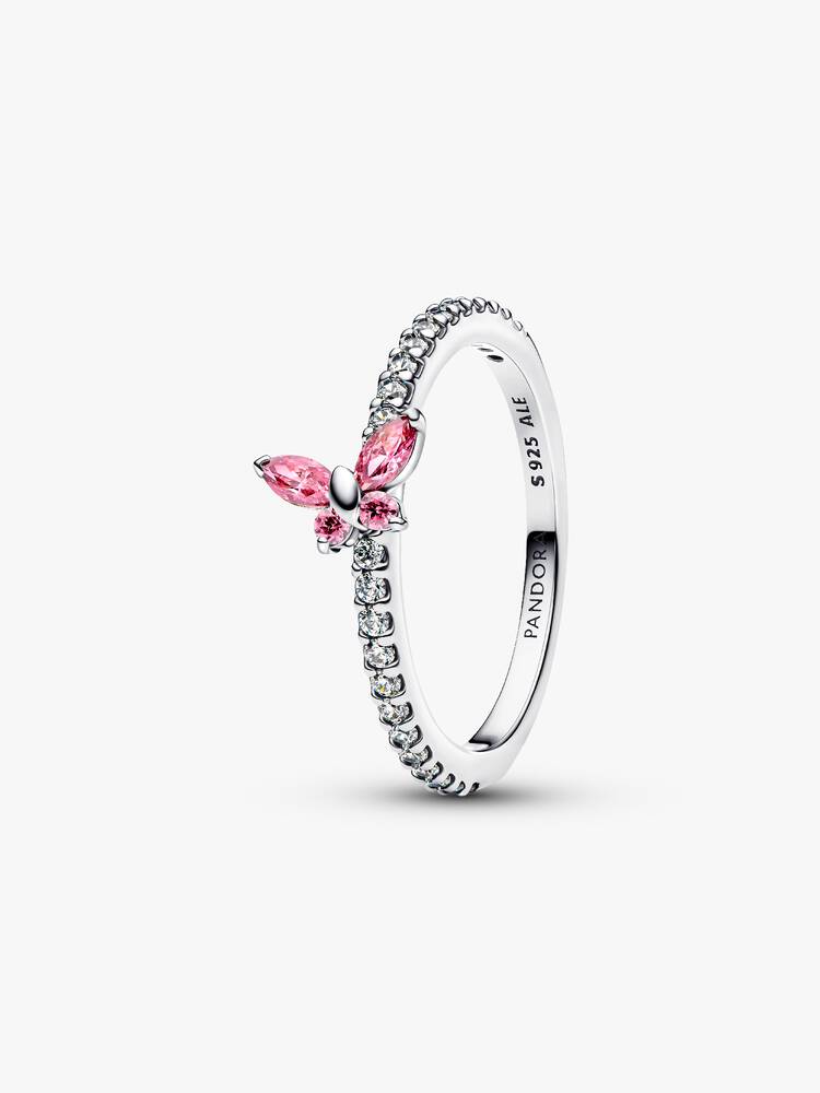 Butterfly sterling silver ring with fancy pink and clear cubic zirconia