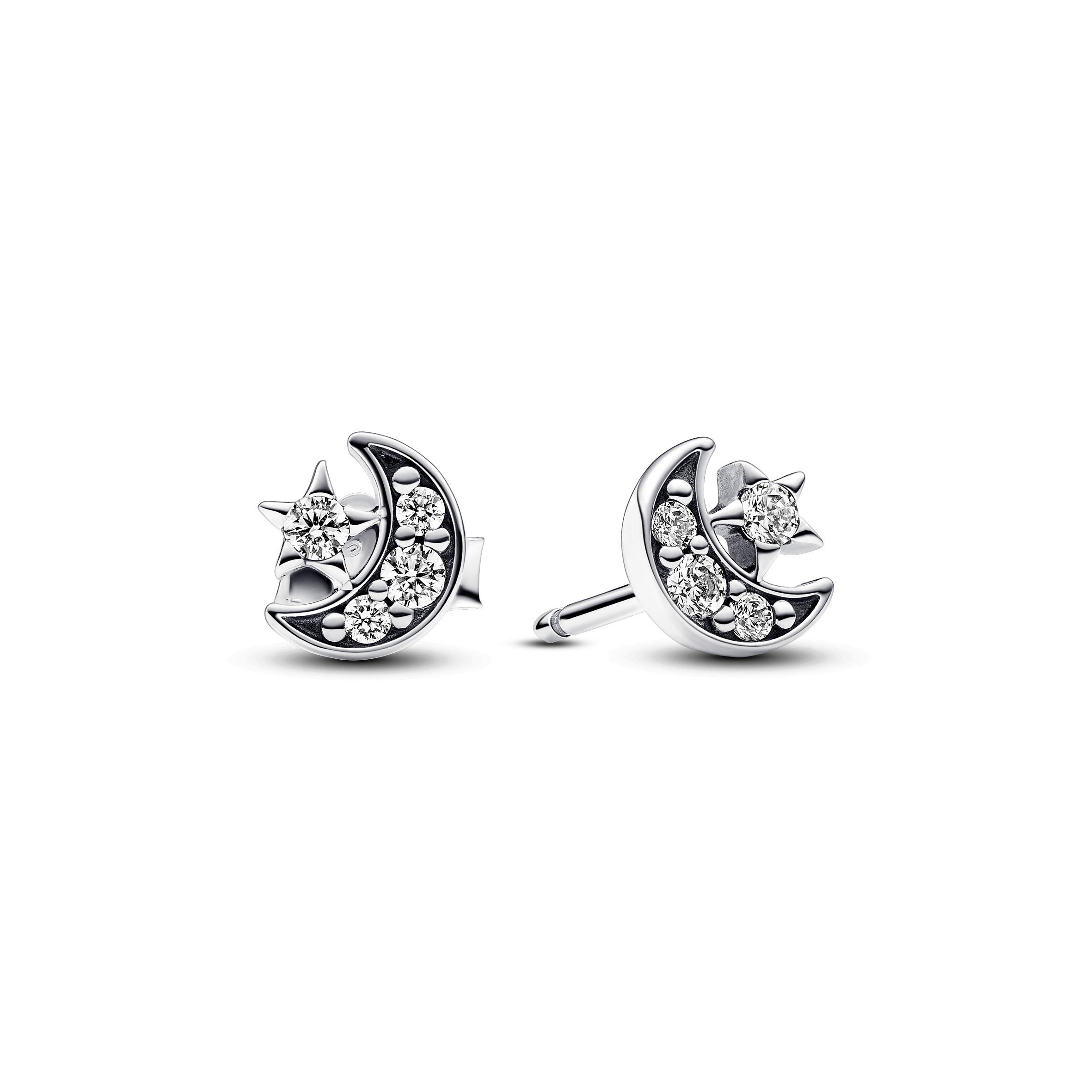 Crescent moon sterling silver stud earrings with c