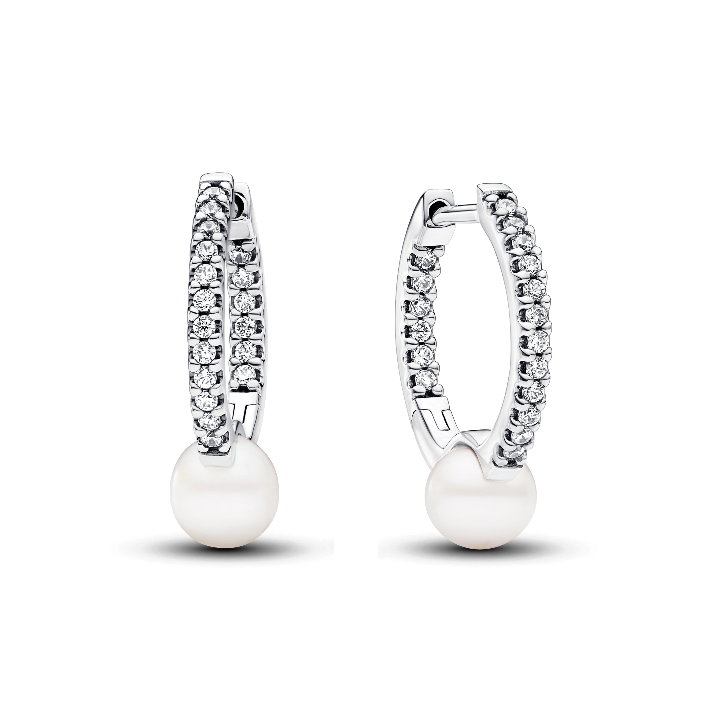 Sterling silver hoop Earrings with clear cubic zirconia and white treated freshwater cultured pearl