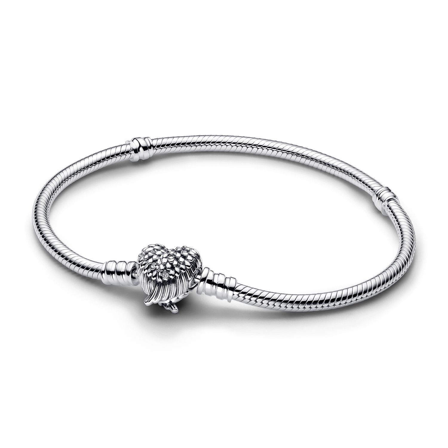 Snake chain sterling silver bracelet with heart wings clasp and clear cubic zirconia