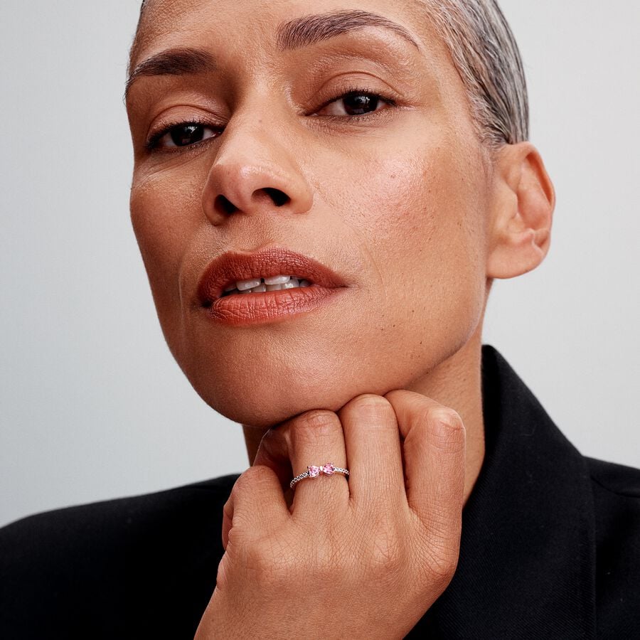 Bow sterling silver ring with fancy pink and clear