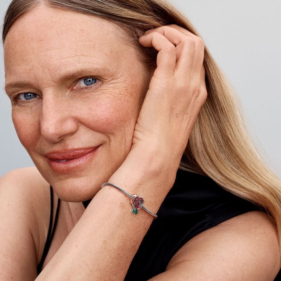 Rose sterling silver charm with salsa red crystal 