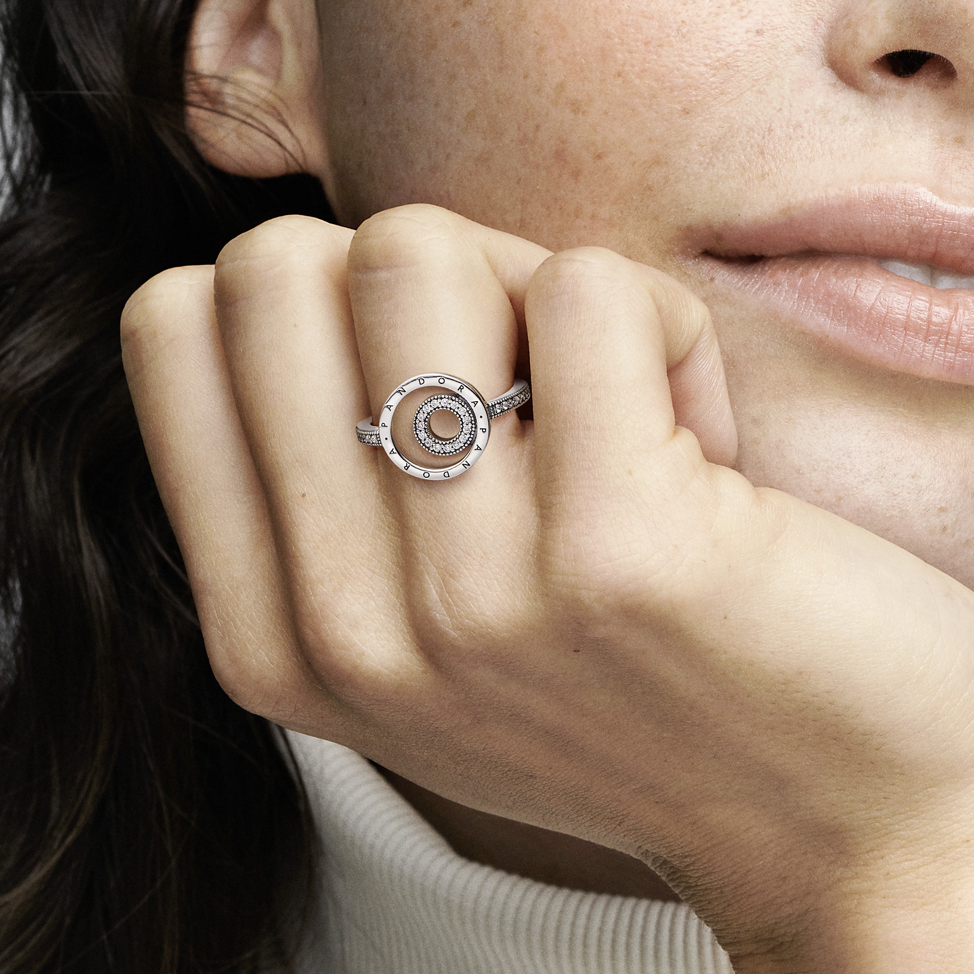 Pandora logo sterling silver ring with clear cubic zirconia