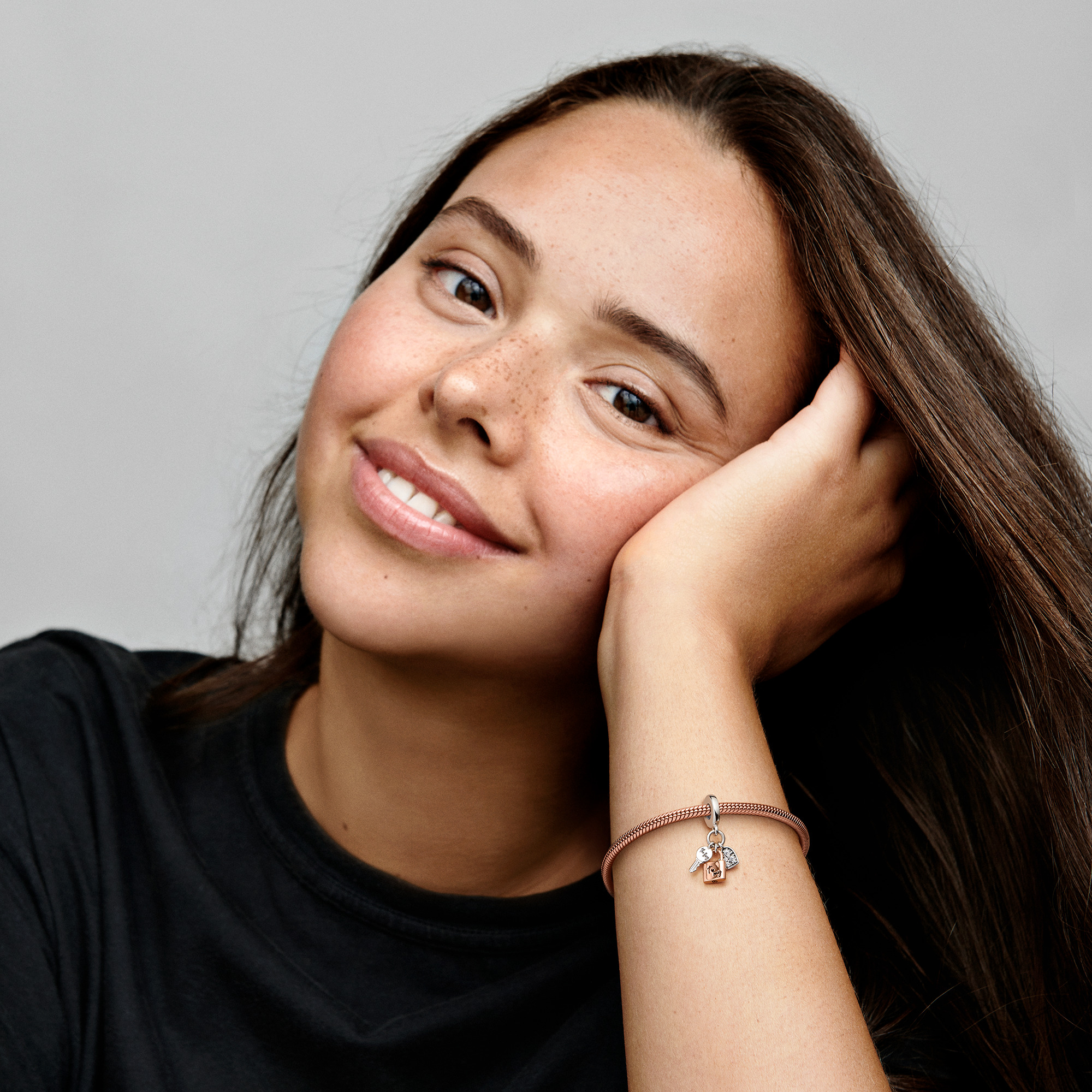 Padlock, key and heart sterling silver and 14k rose gold-plated dangle with clear cubic zirconia and