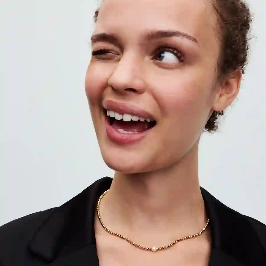 14k Gold-plated collier with white treated freshwater cultured pearl and cubic zirconia