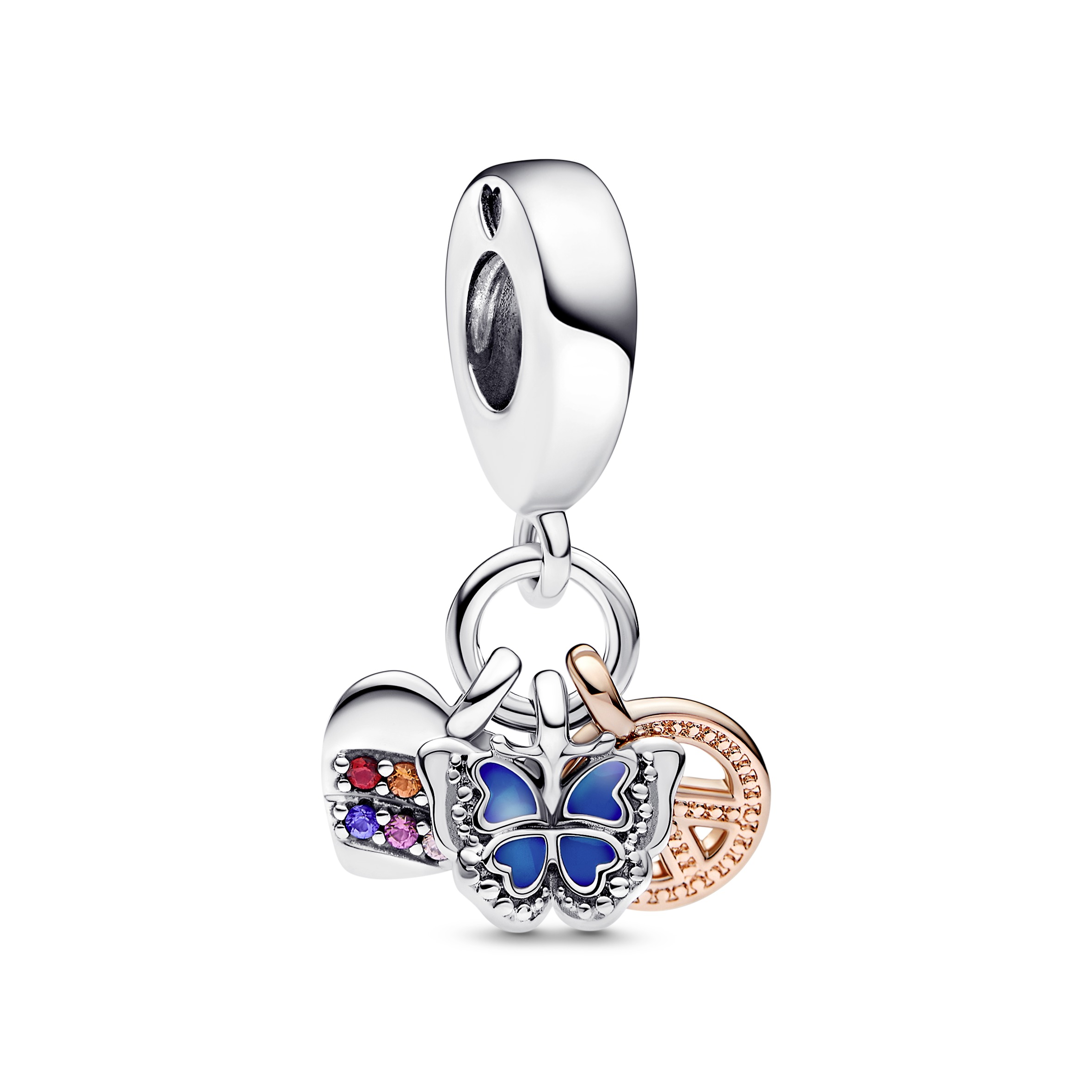 Butterfly heart peace sterling silver and 14k rose gold-plated dangle with multi colored crystal, pi