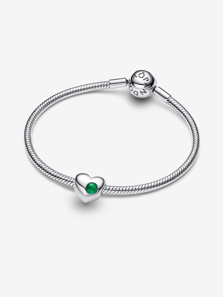 Engravable heart sterling silver charm with royal green crystal