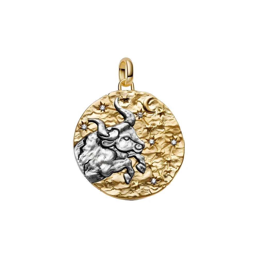 XL Taurus sterling silver and 14k gold-plated medallion with clear cubic zirconia