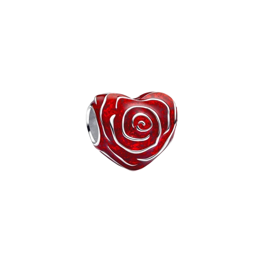 Rose heart sterling silver charm with red enamel