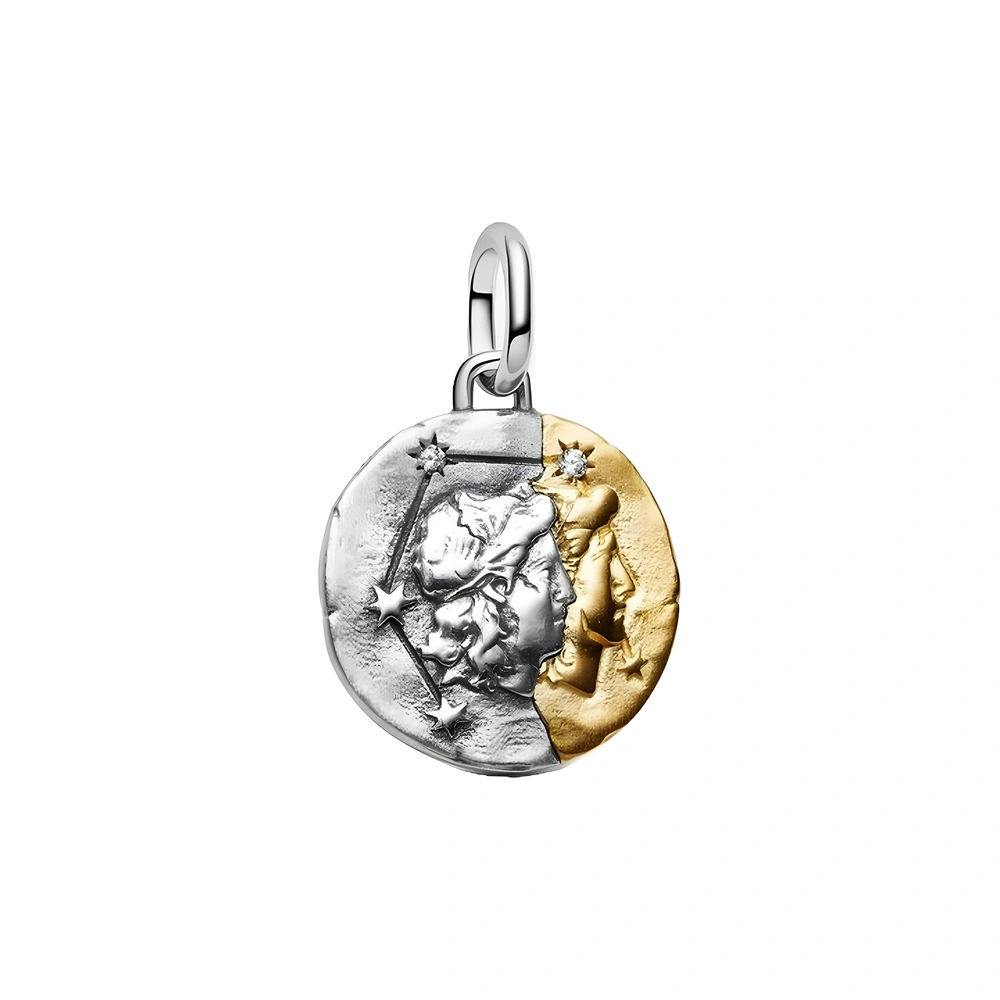Gemini sterling silver and 14k gold-plated medallion with clear cubic zirconia