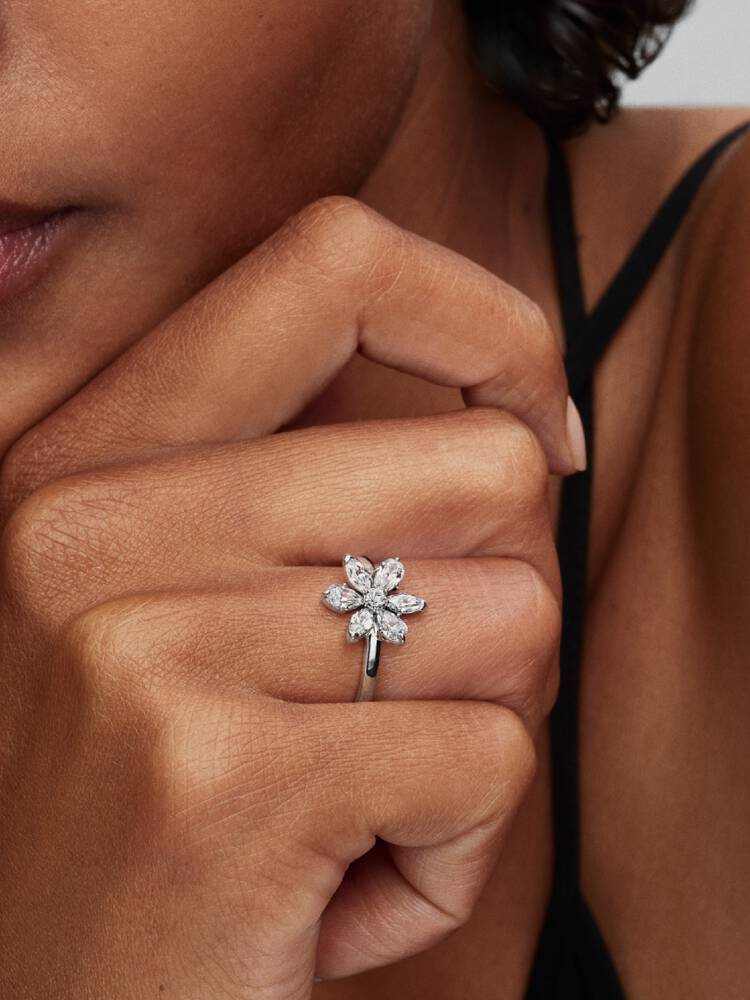 Herbarium cluster sterling silver ring with clear cubic zirconia