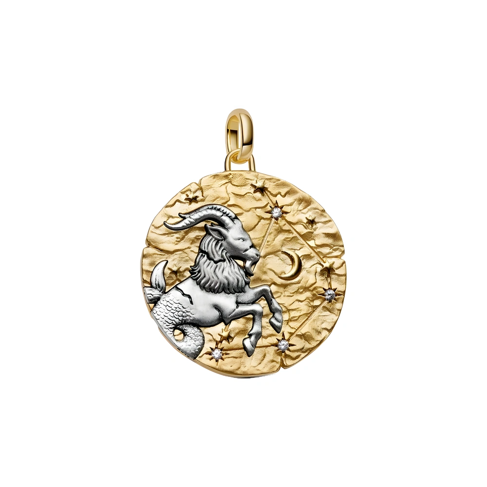 XL Capricornus sterling silver and 14k gold-plated medallion with clear cubic zirconia