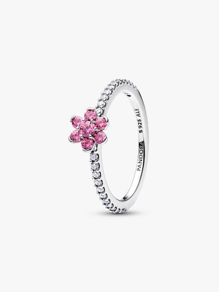 Flower sterling silver ring with fancy pink and cl