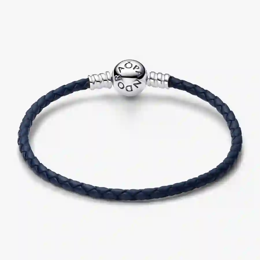 Blue leather bracelet with sterling silver clasp