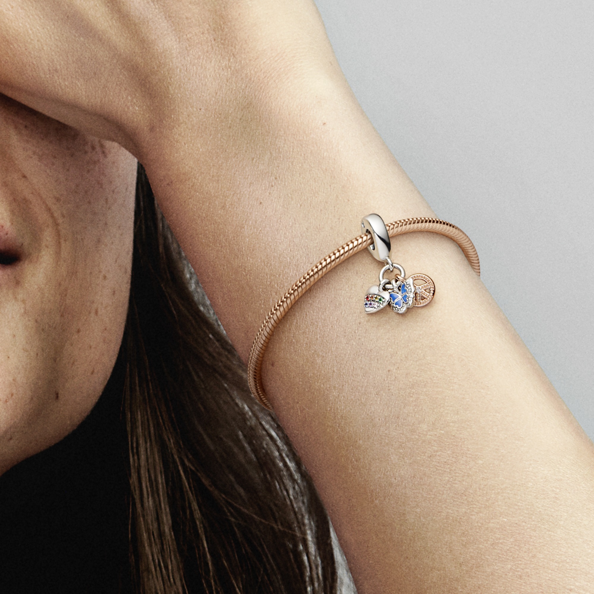 Butterfly heart peace sterling silver and 14k rose gold-plated dangle with multi colored crystal, pi