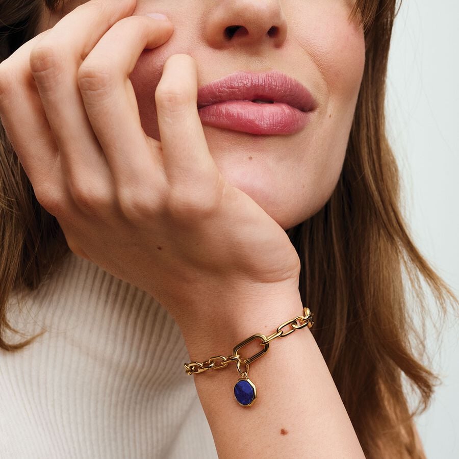 Engravable octagonal 14k gold-plated mini medallion with man-made imitation of lapis lazuli