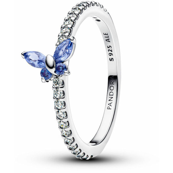 Butterfly sterling silver ring with cornflower blue crystal and clear cubic zirconia
