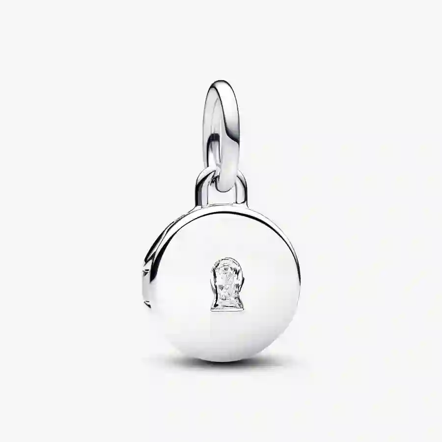 Key hole engravable locket sterling silver dangle with clear cubic zirconia