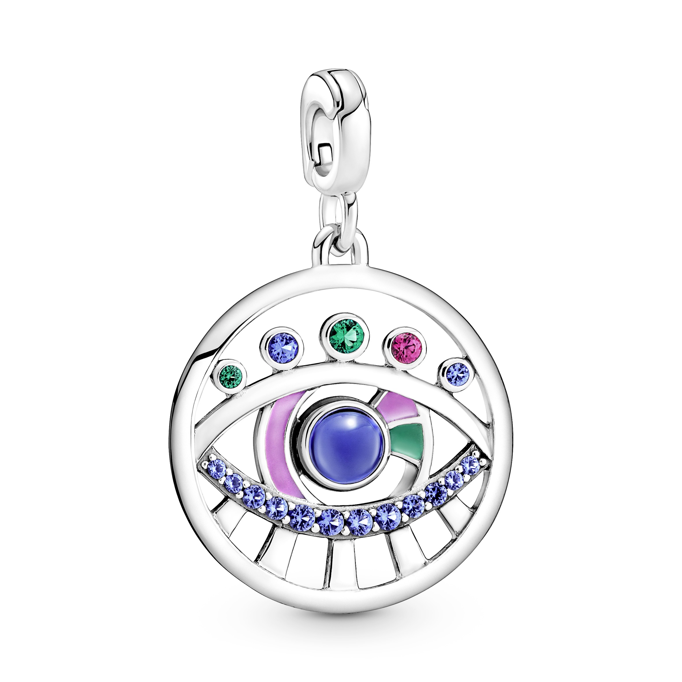 Eye sterling silver medallion with stellarblue and lake greencrystal, synthetic ruby,green and pink