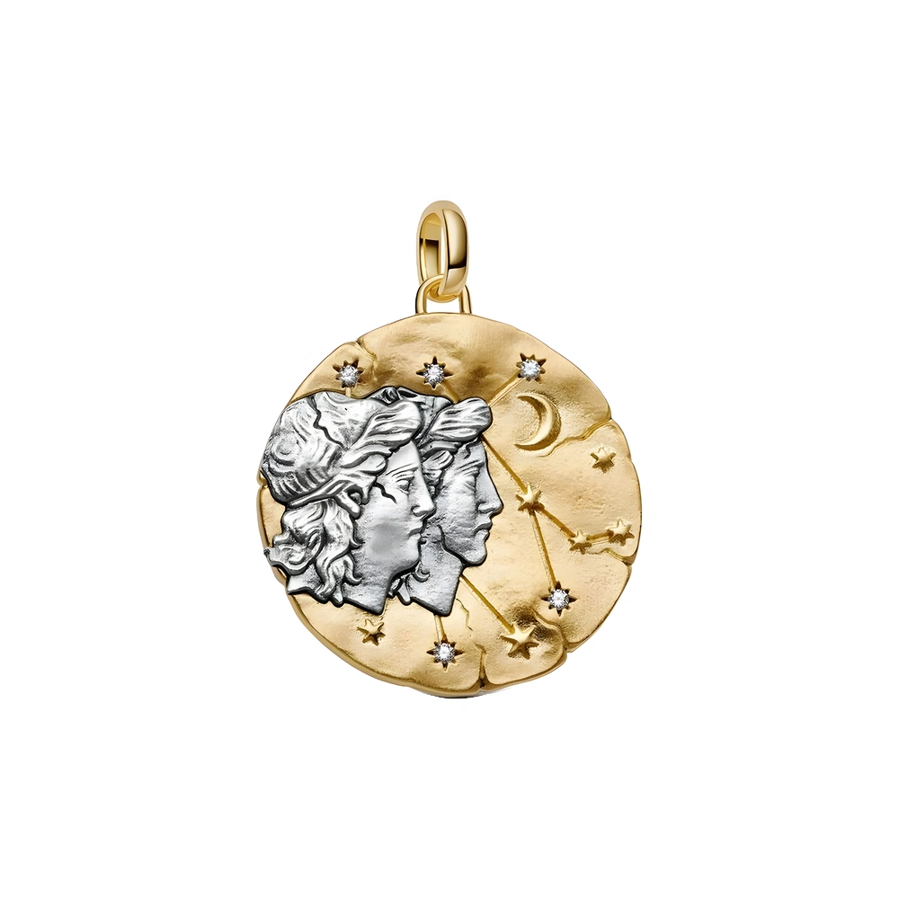 XL Gemini sterling silver and 14k gold-plated medallion with clear cubic zirconia
