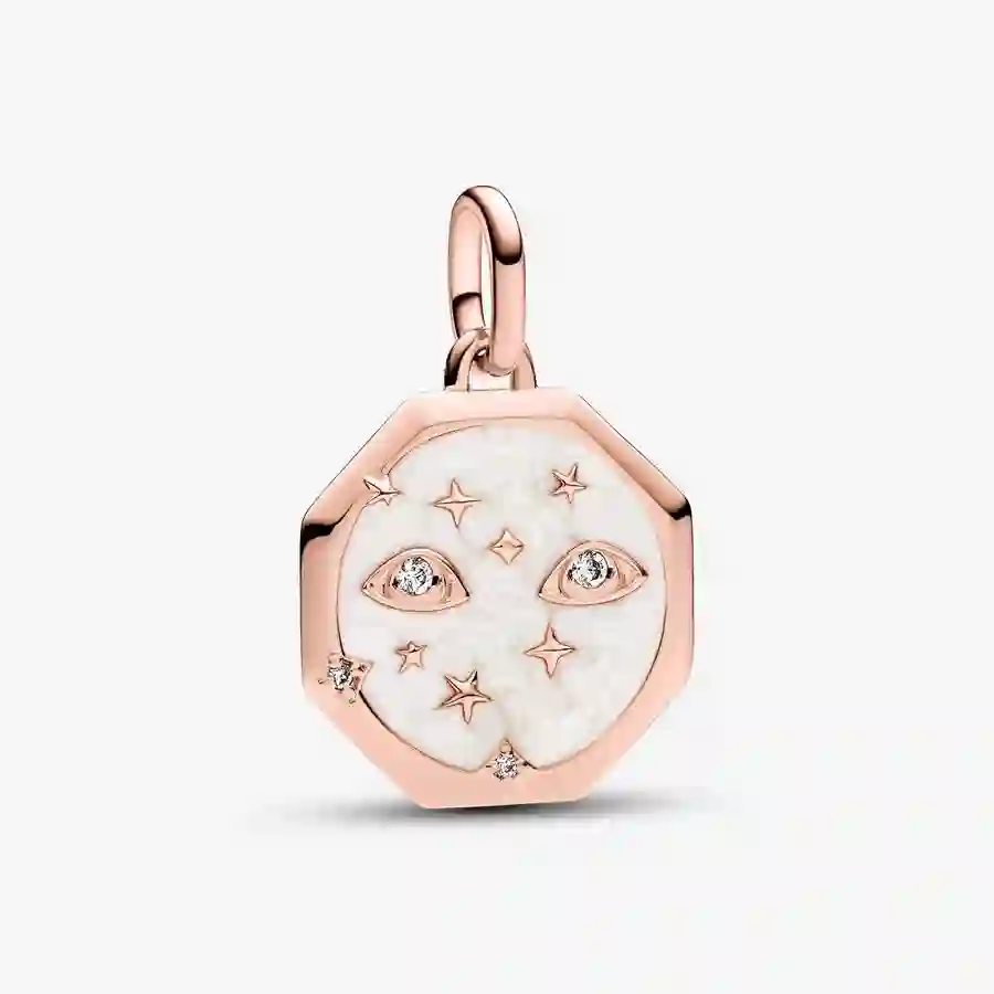 Eyes octagon 14k rose gold-plated medallion with clear cubic zirconia and shimmering white enamel