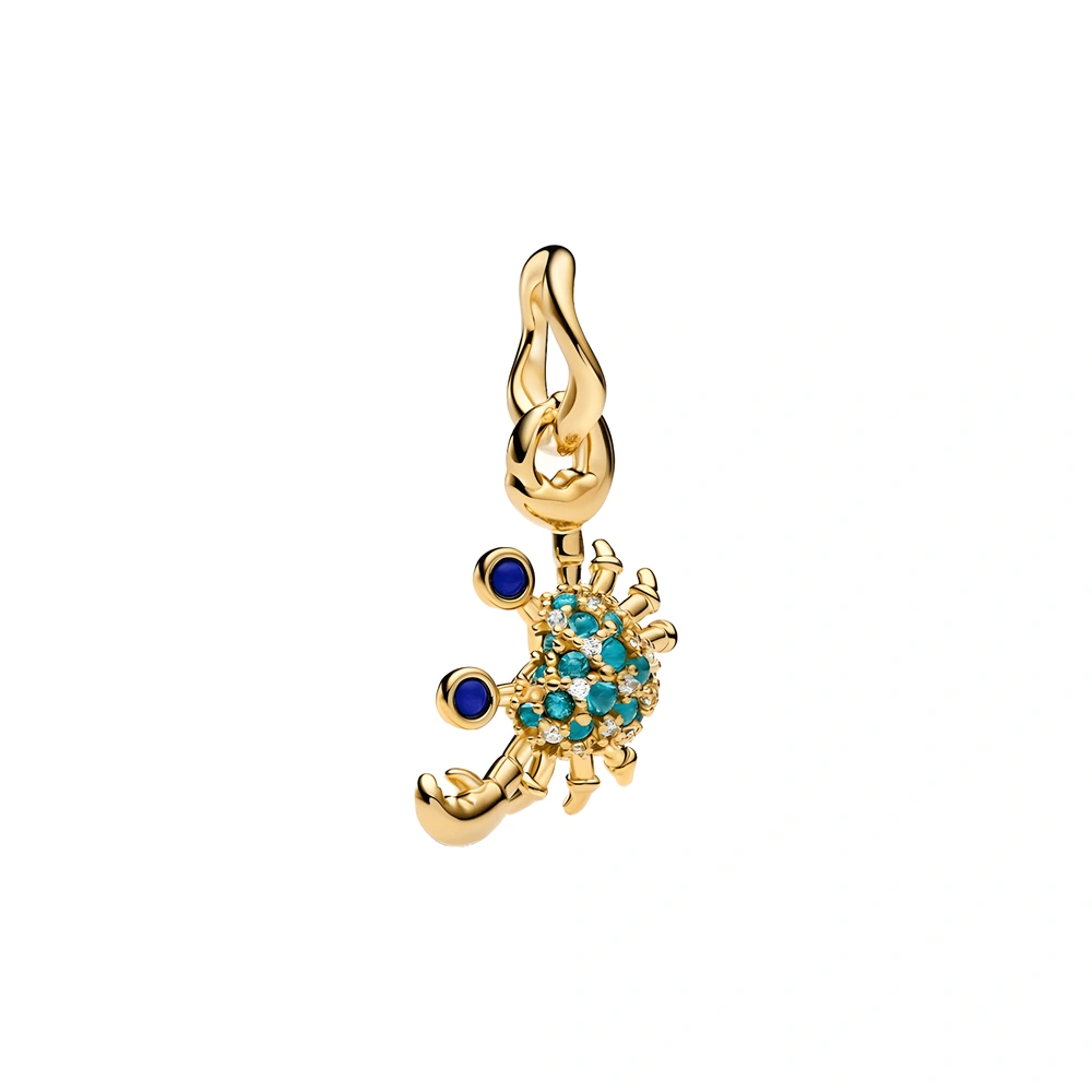 Crab 14k gold-plated dangle with imitation lapis lazuli, icy green crystal and clear cubic zirconia