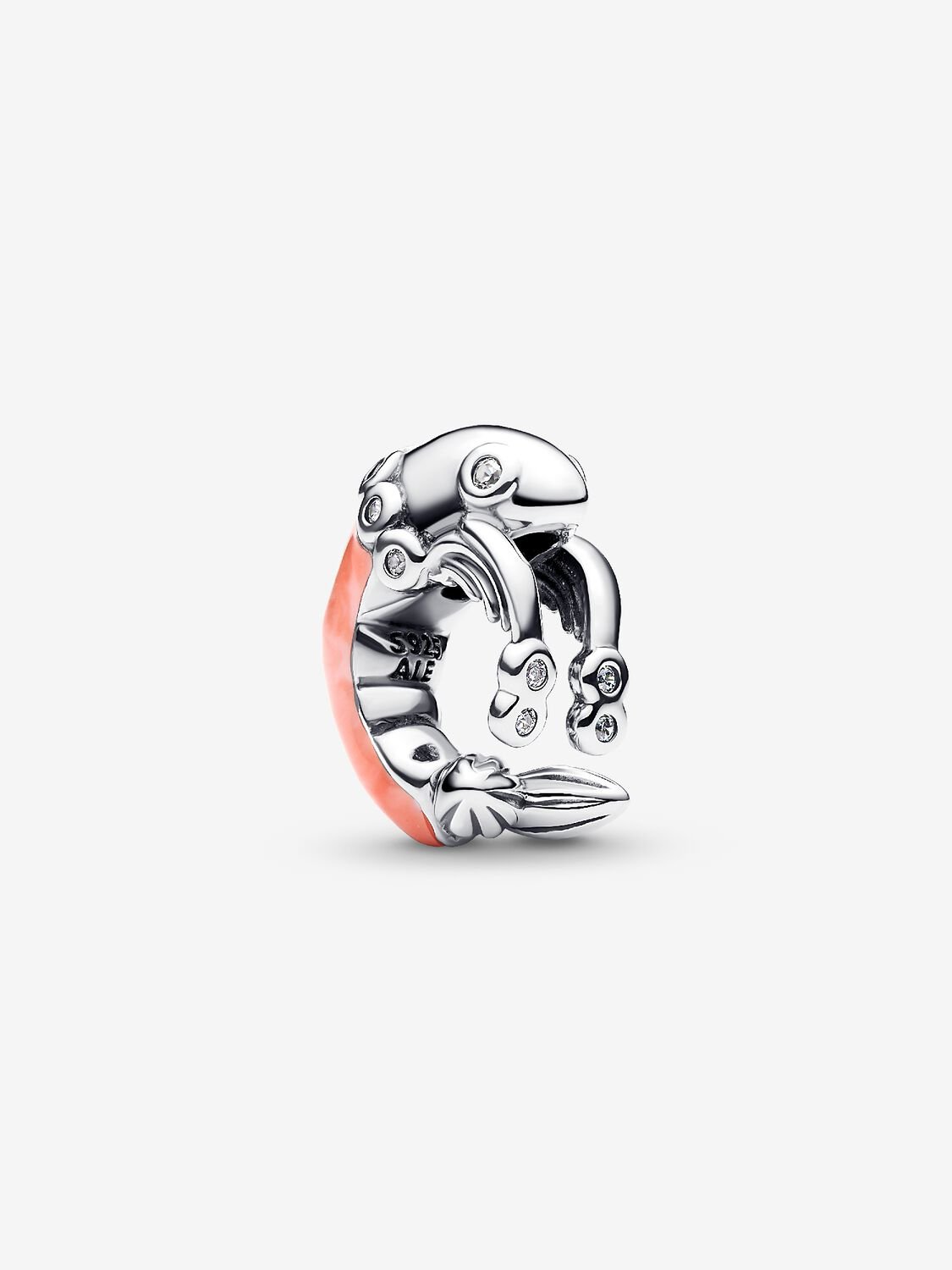 Shrimp sterling silver charm with clear cubic zirconia and pink enamel