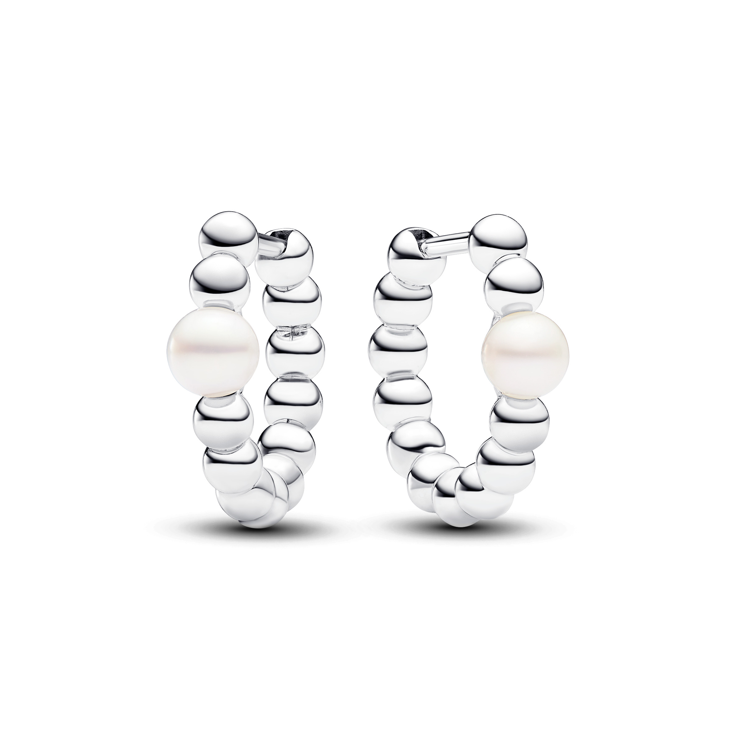 Beaded sterling silver hoop Earrings with white treated freshwater cultured pearl