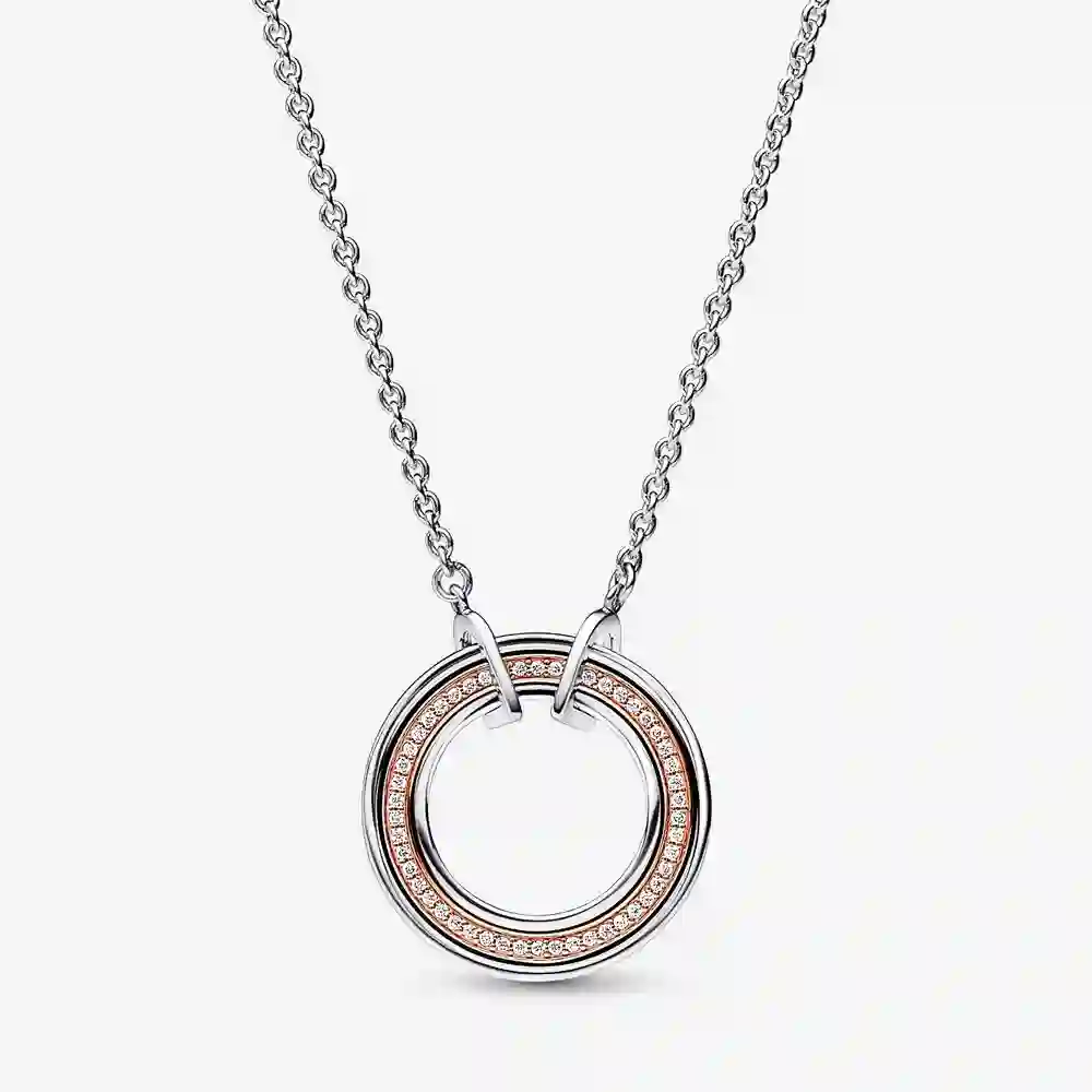 Pandora logo sterling silver and 14k rose gold-plated necklace with clear cubic zirconia