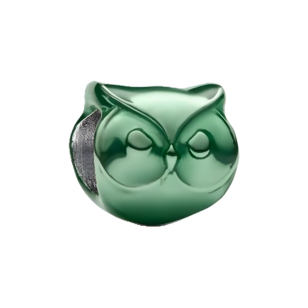 Owl sterling silver mini charm with green enamel