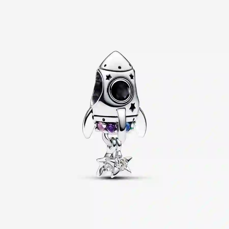 Space rocket sterling silver charm with phlox pink