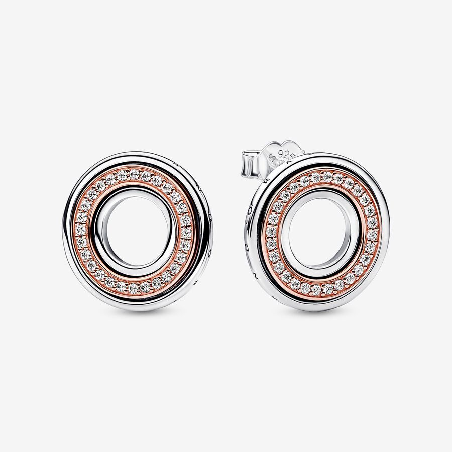 Pandora logo sterling silver and 14k rose gold-plated stud earrings with clear cubic zirconia