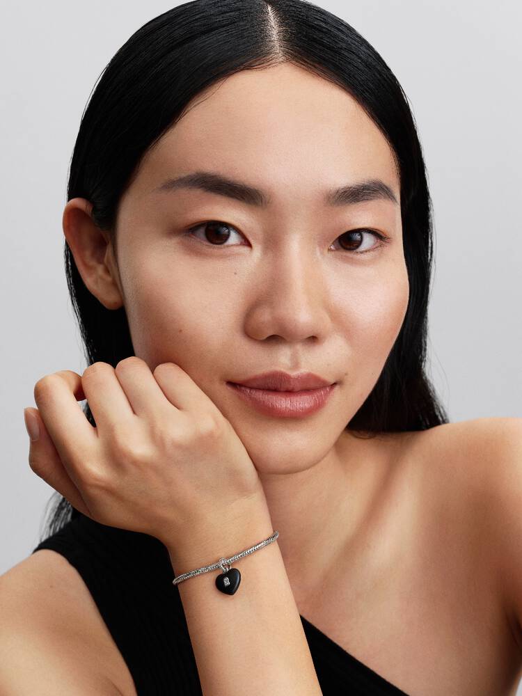 Heart padlock sterling silver dangle with black ce