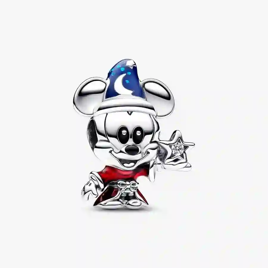 Disney Mickey Mouse sterling silver charm with clear cubic zirconia, red, blue and black enamel
