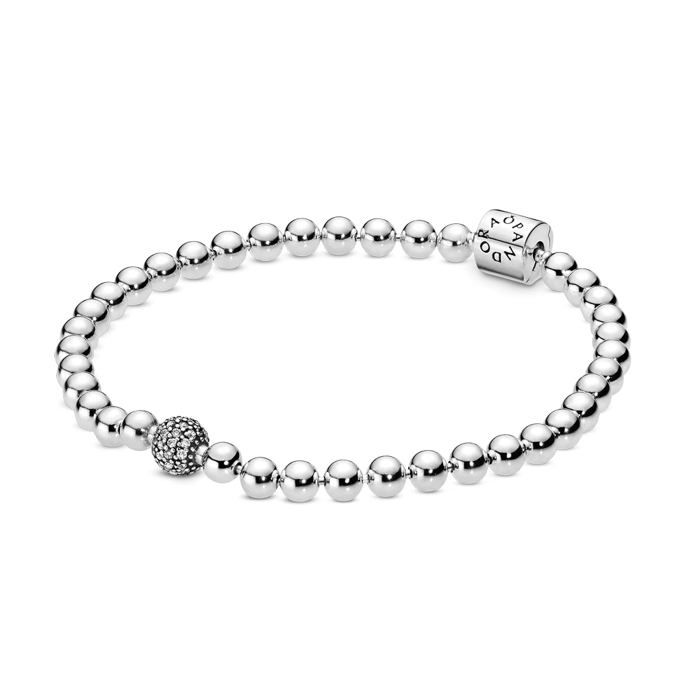 Beaded sterling silver bracelet with clear cubic z