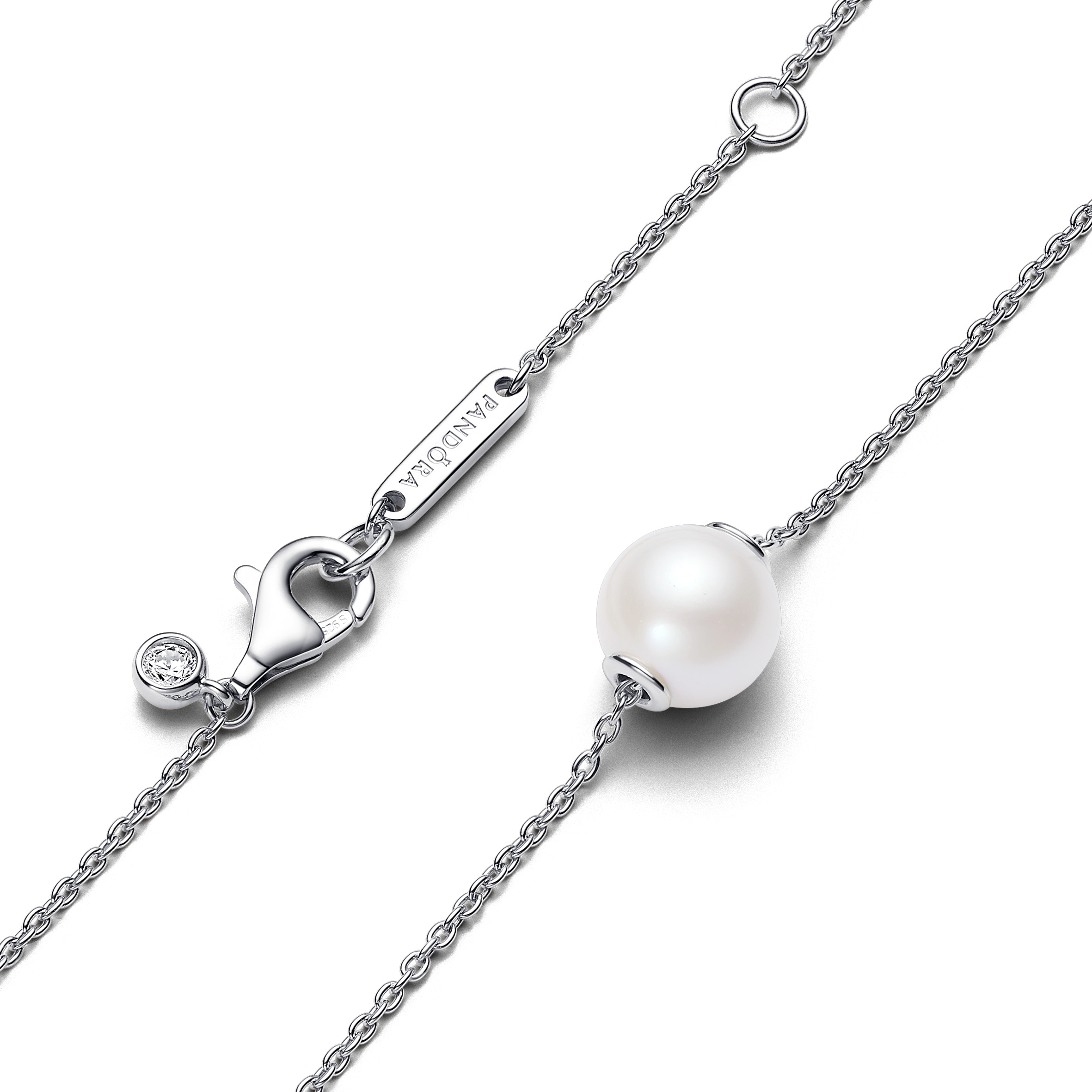 Sterling silver collier with white treated freshwater cultured pearl and clear cubic zirconia