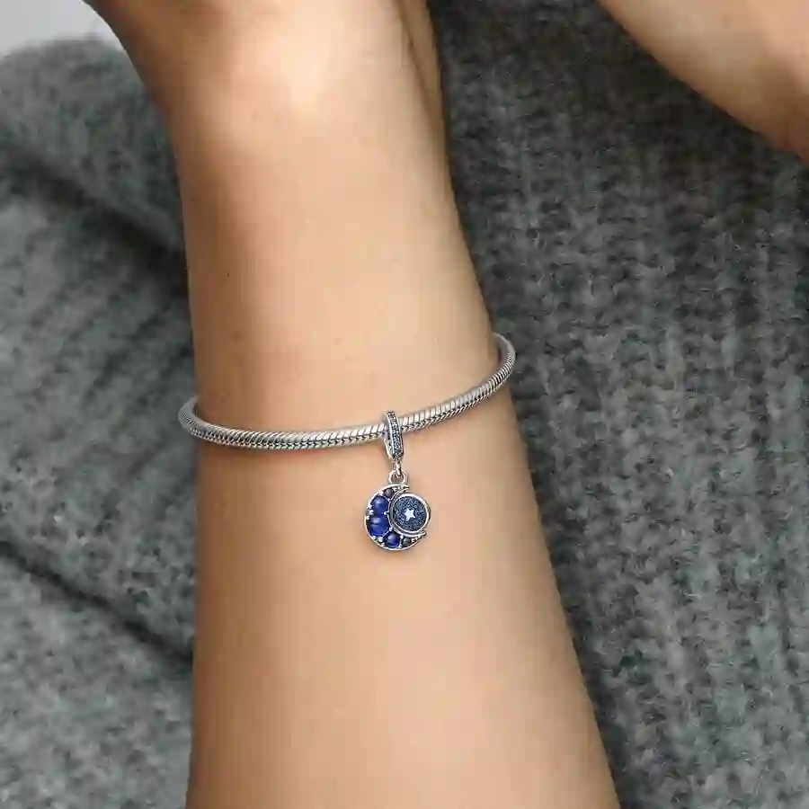 Crescent moon sterling silver dangle with royal blue, stellar blue and skylight blue crystal and shi