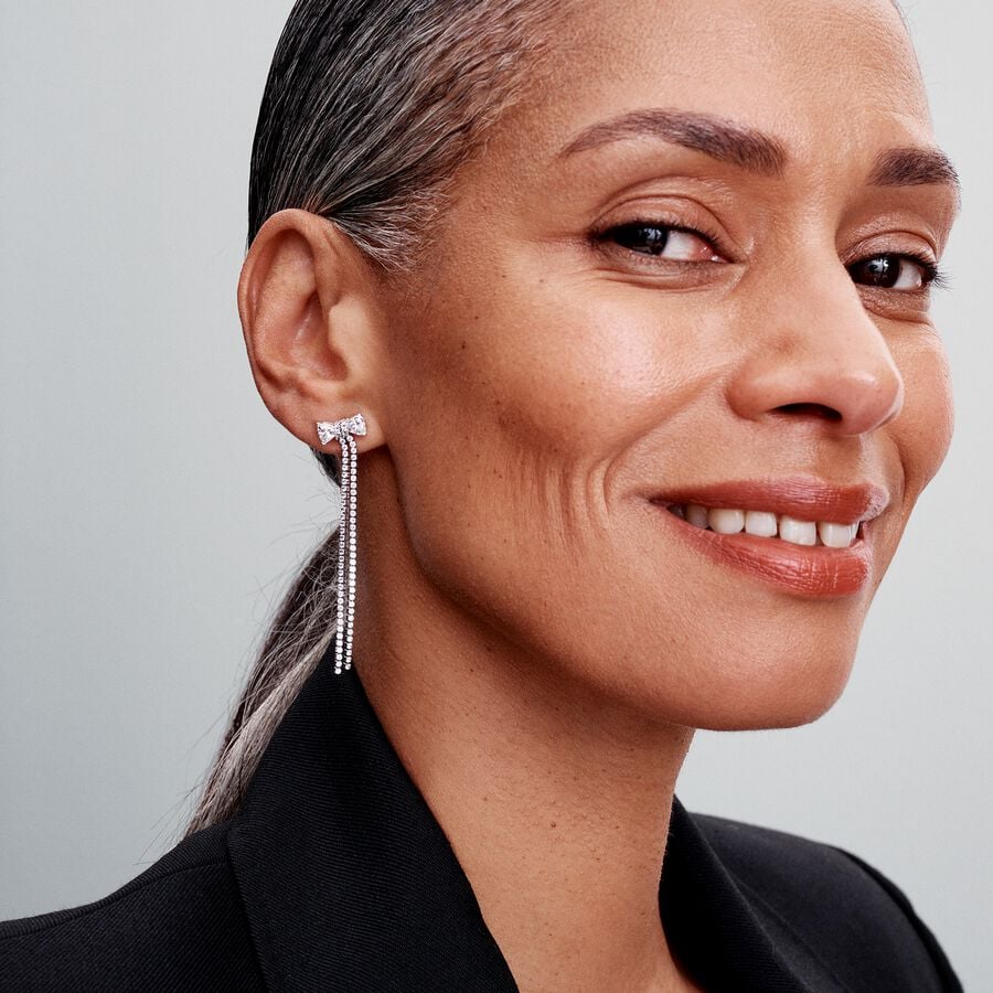 Bow sterling silver drop earrings with clear cubic