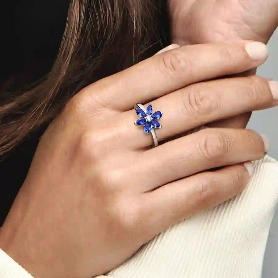 Herbarium cluster sterling silver ring with princess blue crystal and clear cubic zirconia