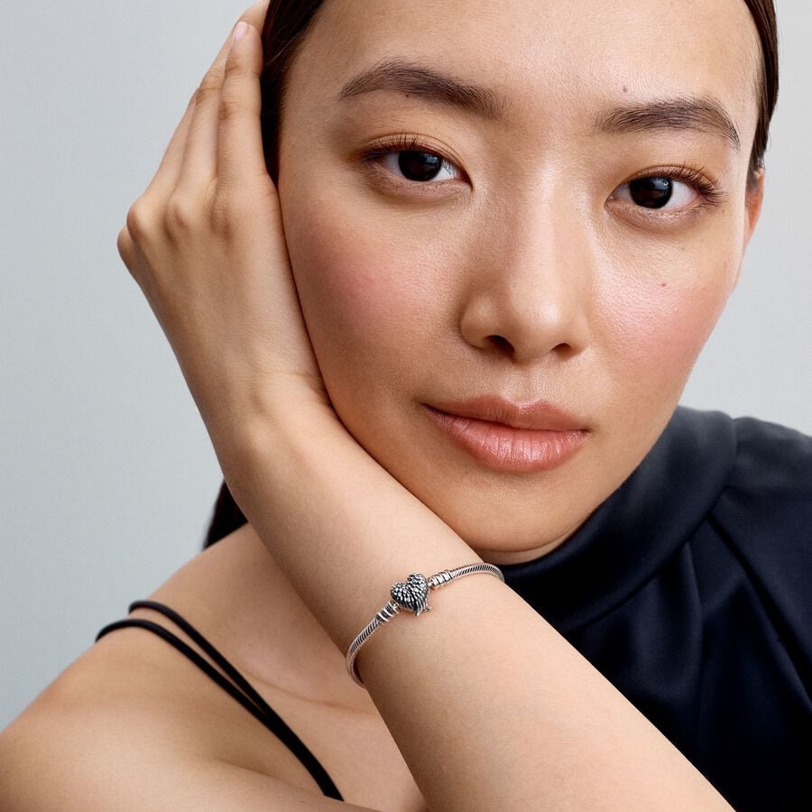 Snake chain sterling silver bracelet with heart wi